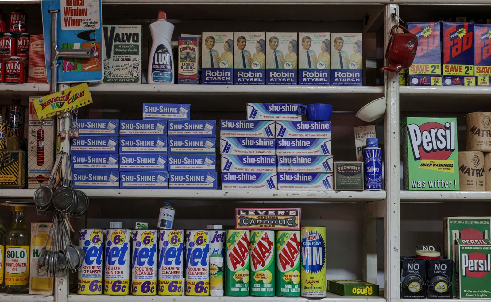 Explore nostalgic retro products on a vintage grocery store shelf.